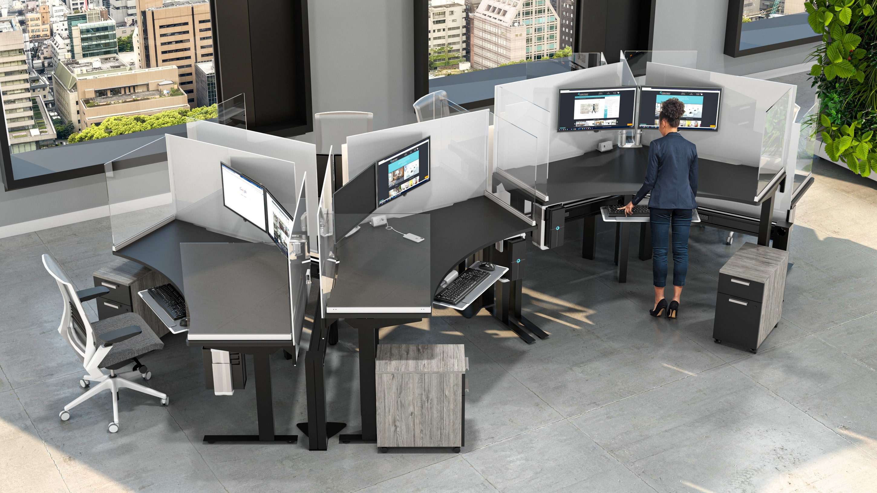 Sit-stand workstations get a boost of color and protective screens