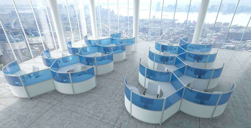 modern call center layout with custom colored partitions that match brand image