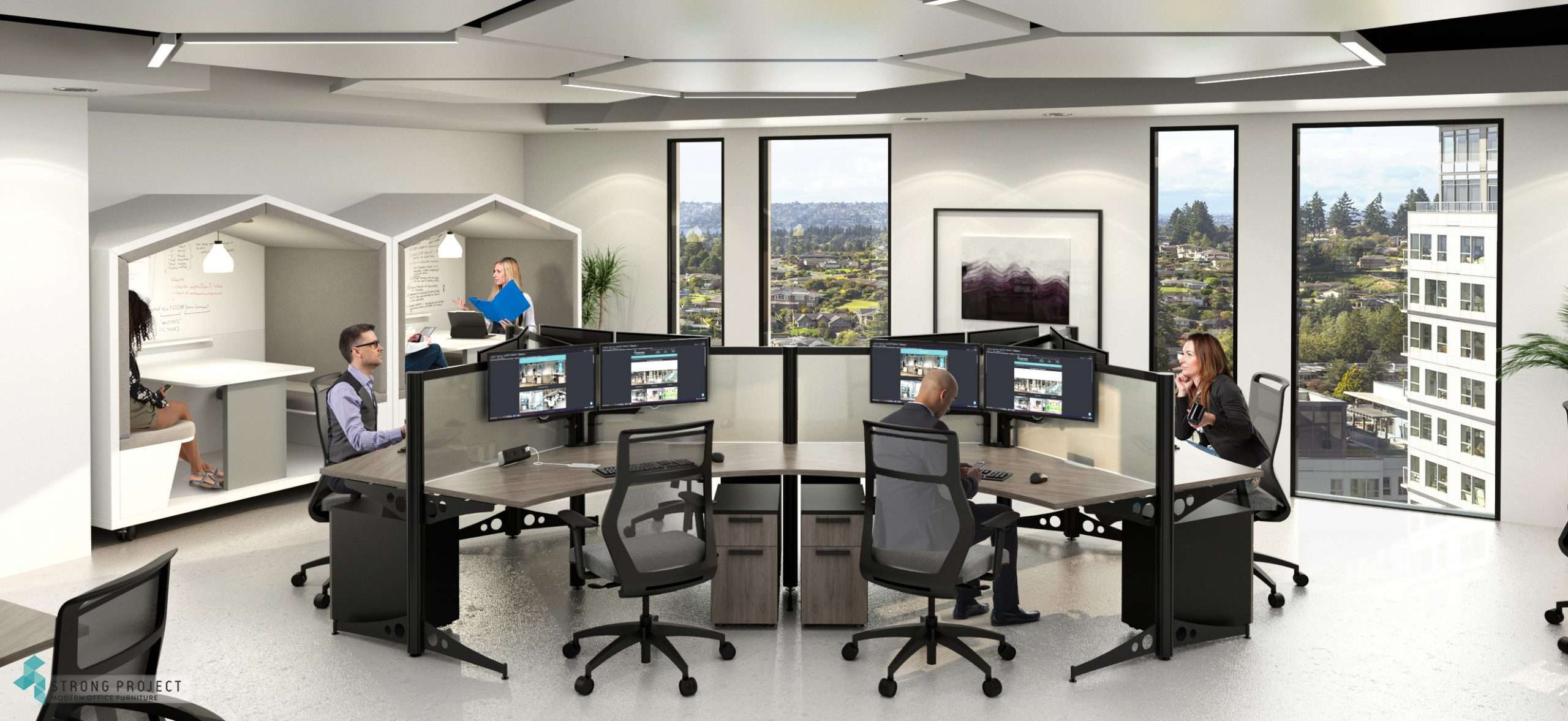 modern modular curved cubicles with ergonomic task chairs for hot desking