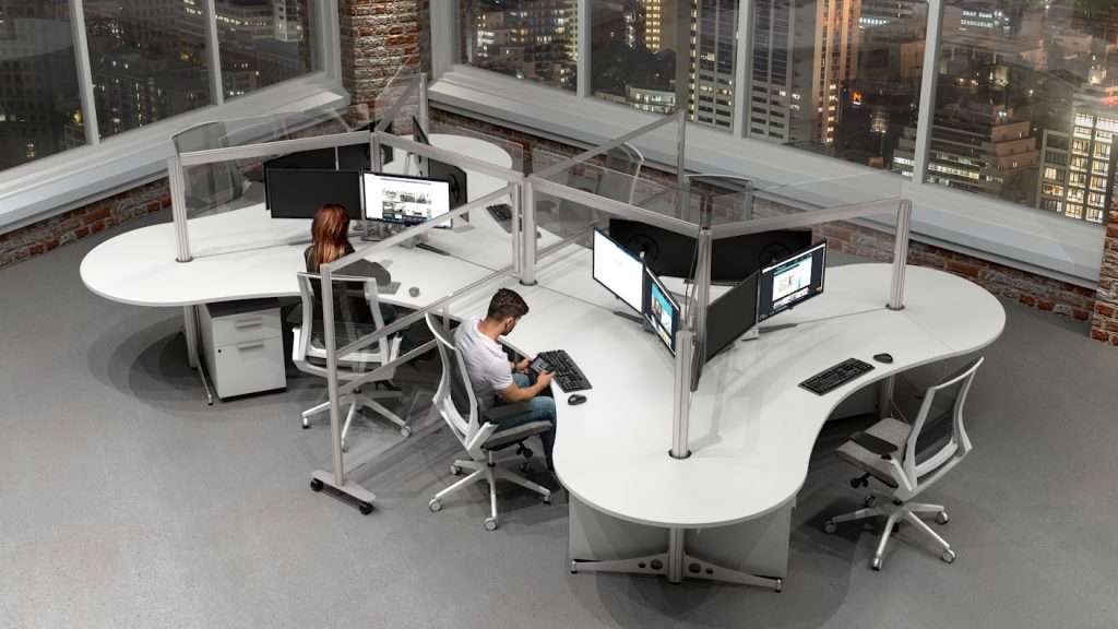curved modular workstation cubicle with clear partitions in an open office with natural light