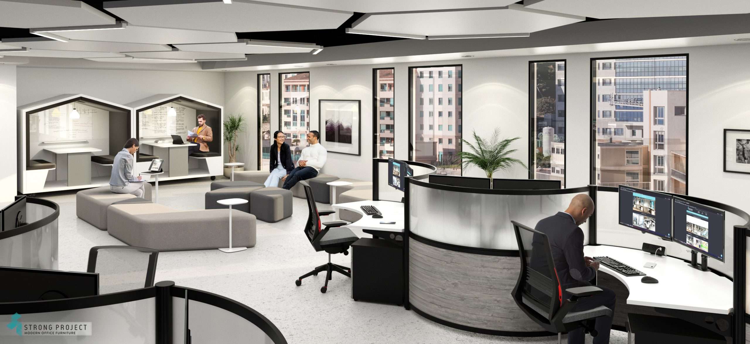 a hybrid office layout with acoustic furniture, modern cubicles, collaborative seating with ergonomic features in a modern office