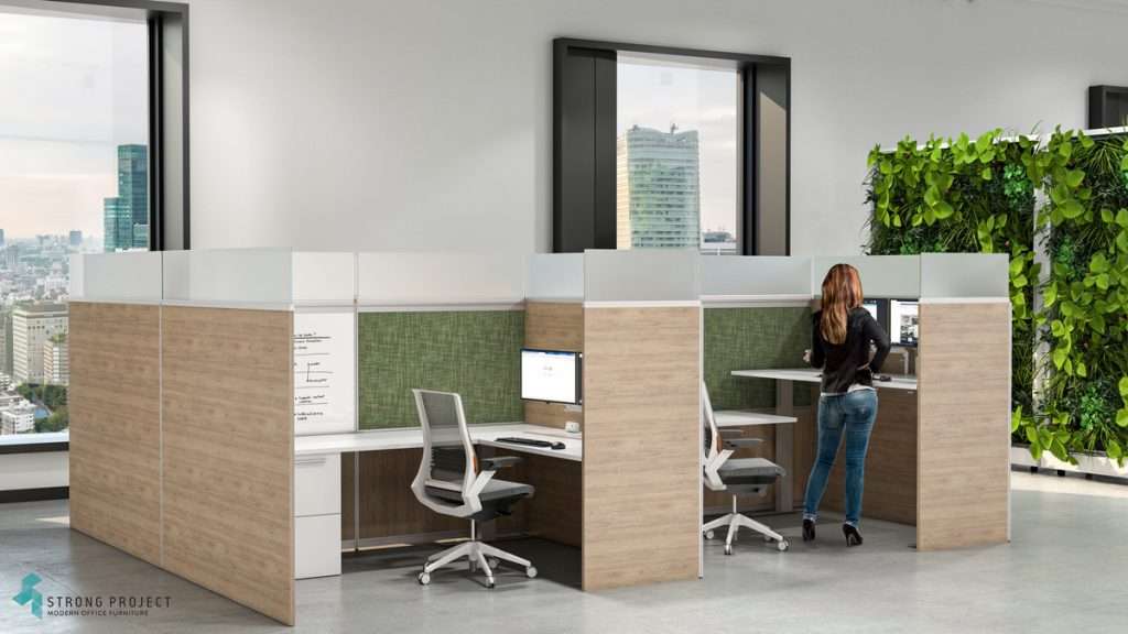 green office color palette with adjustable height cubicles and biohphilics.