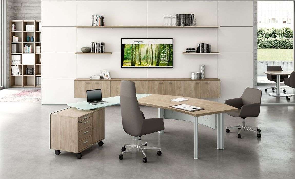 modern executive office desk with ergonomic chairs in a multifunctional space with smart office furniture