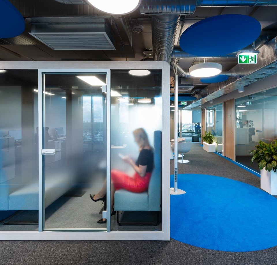 private focused work pod with tinted and frosted glass for added privacy