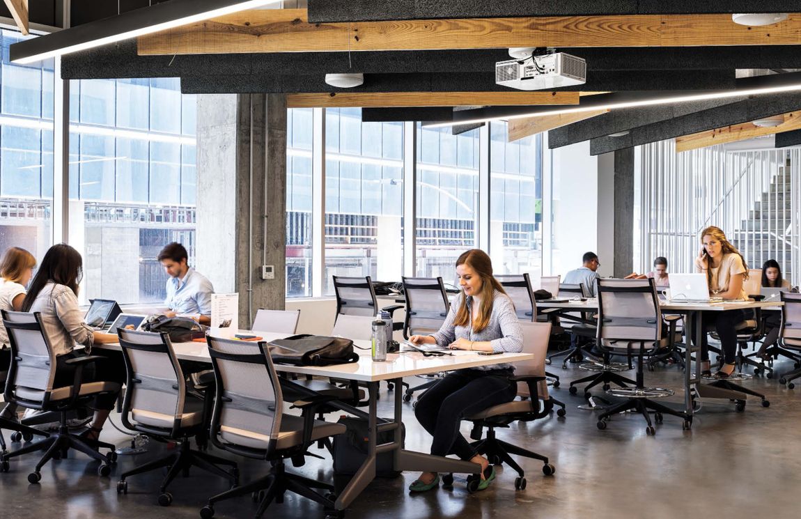 ergonomic collaborative office setting with adjustable height desks supporting business growth