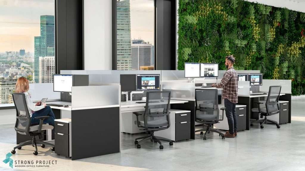 modern call center with modular workstations and adjustable height modern cubicles with a biophilc design