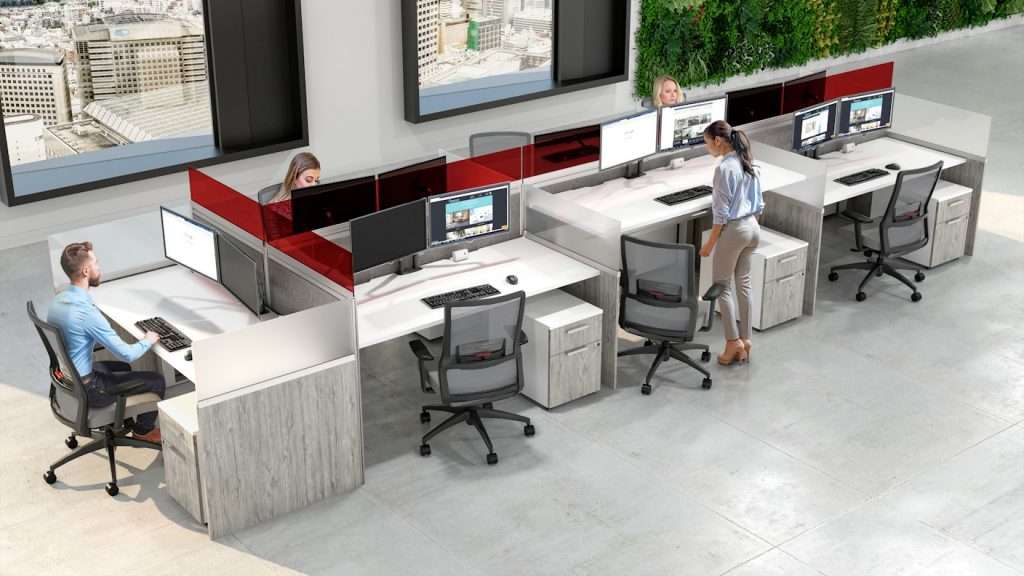 workstation with red transparent partitions and adjustable height wesks with mobile storage and ergonomic desk chairs