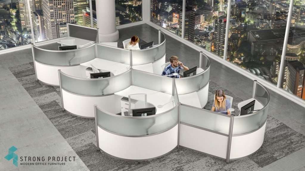 space saving curved modular work stations with clear partitions for modern call centers