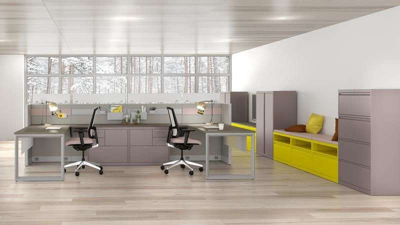 Office bench storage painted yellow to match the company's brand palette.