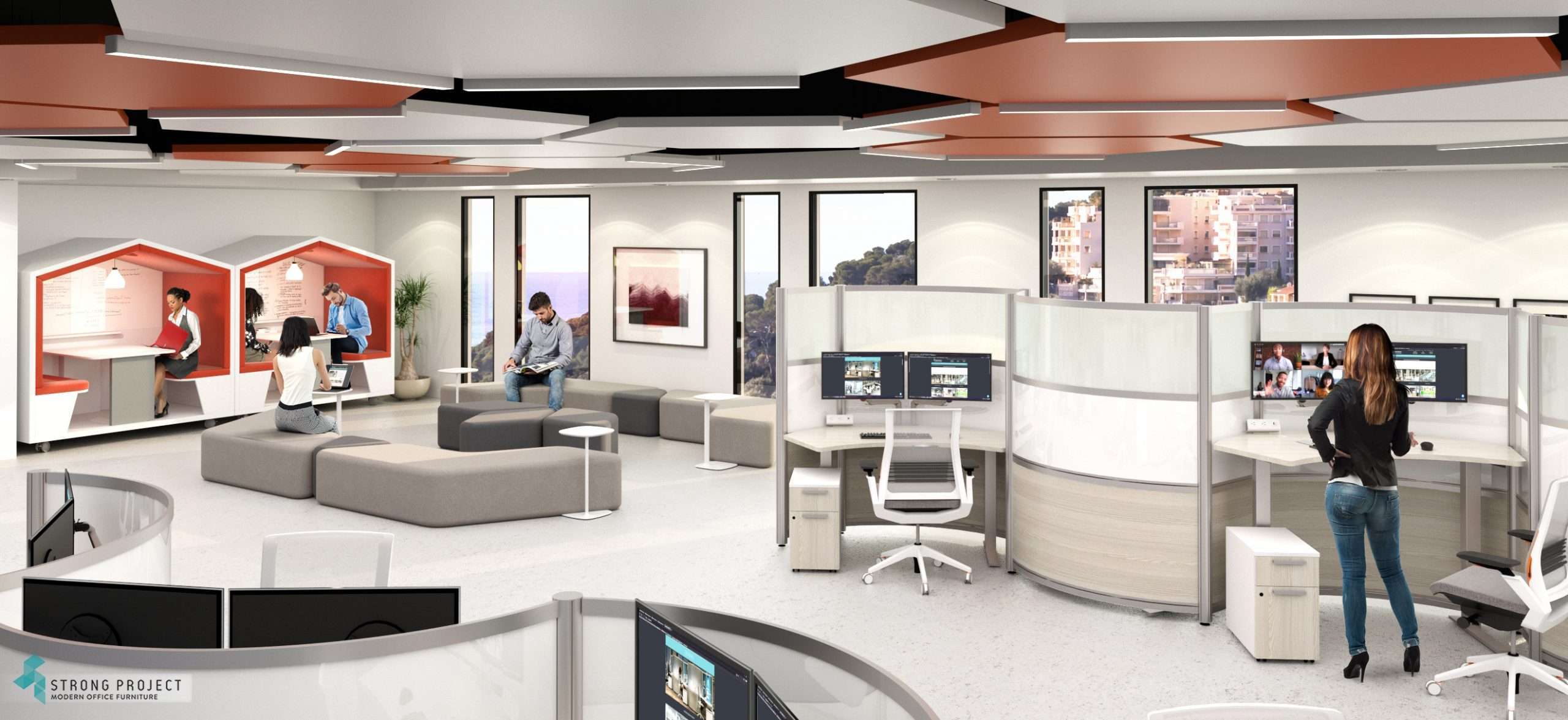 curved adjustable height desks for the modern cubicle and hot desking in the hybrid workplace with employee meeting areas