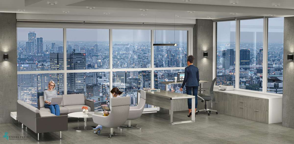 An ergonomic adjustable height office desk for an active modern office design