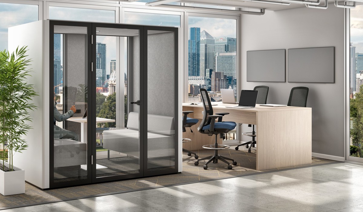 Technology integrated phone booth with smart lighting and built in charging ports