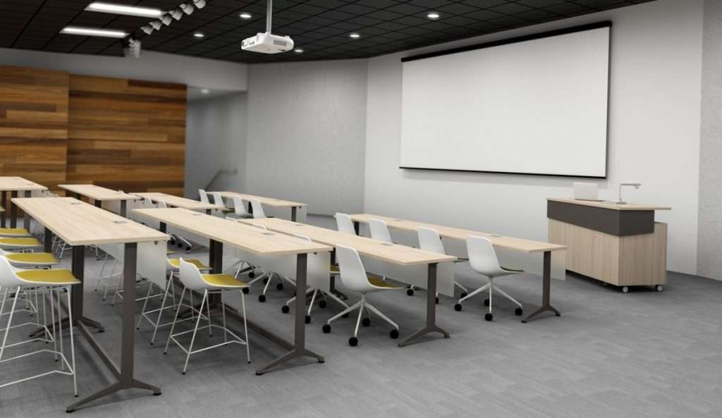 collaborative workspace furniture in a modern office training room with ergonomic seating