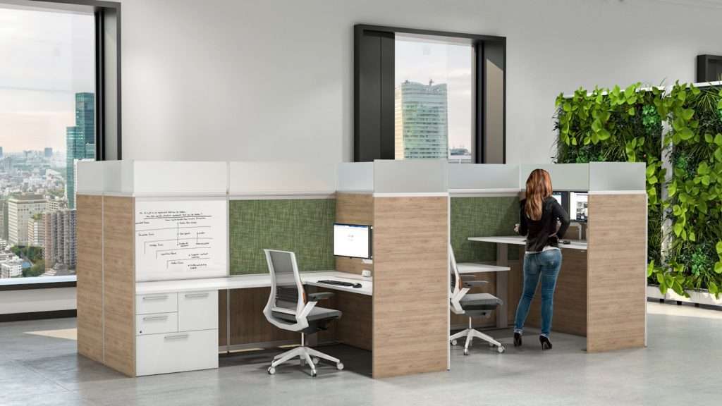 woman at ergonomic office cubicle with protective screen