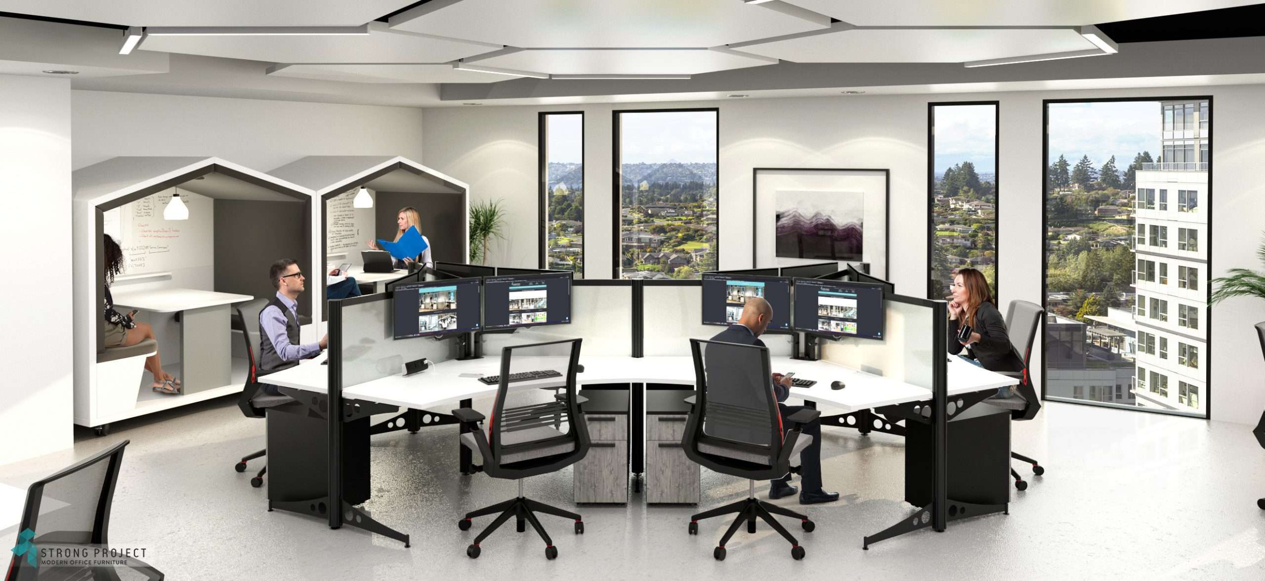 flexible modular office furniture with ergonomic task chairs and employee booths for collaboration and focused work